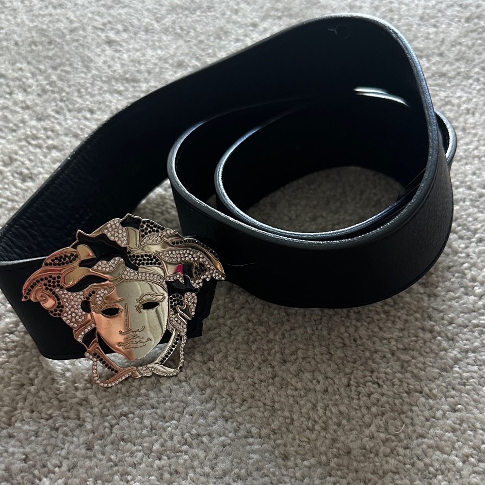 Versace Black Belt with Silver Medusa Buckle